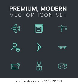 Modern, simple vector icon set on dark grey background with move, delete, transport, hammer, business, learning, airplane, education, clothing, construction, web, arrow, saw, sack, right, book icons