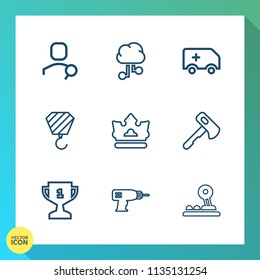 Modern, simple vector icon set on gradient background with winner, car, achievement, search, emergency, crown, tool, hand, hammer, care, axe, machine, work, computing, concept, building, king icons