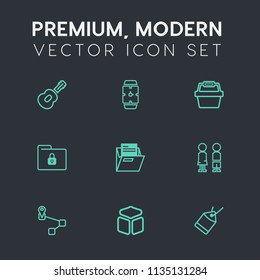 Modern, simple vector icon set on dark grey background with security, white, map, guitar, food, watch, office, square, point, data, business, folder, market, safety, document, people, hand, tag icons