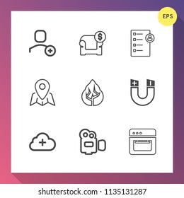 Modern, simple vector icon set on gradient background with magnetic, map, retail, kitchen, web, modern, price, field, human, pin, couch, furniture, business, oven, pole, landscape, camera, cloud icons