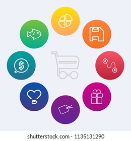 Modern, simple vector icon set on colorful circle backgrounds with white, cart, animal, giftbox, fish, diskette, diagram, travel, retail, food, price, computer, tag, gift, position, graphic, pie icons