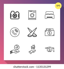Modern, simple vector icon set on gradient background with bedroom, cash, washer, finance, estate, graduation, education, university, ring, light, photography, digital, clean, photographer, bed icons