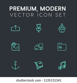 Modern, simple vector icon set on dark grey background with lorry, bag, sign, wheel, pink, pin, transport, luggage, baggage, sea, blossom, file, nature, paper, ship, boat, airport, download, map icons