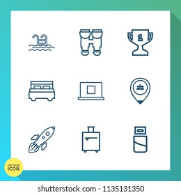 Modern, simple vector icon set on gradient background with vacation, healthy, relax, launch, technology, award, place, summer, trip, luggage, bag, web, computer, vision, business, rocket, bed icons