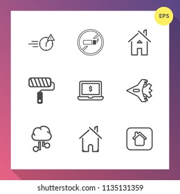 Modern, simple vector icon set on gradient background with estate, notebook, brush, house, stop, building, laptop, home, paint, habit, plane, jetliner, late, technology, roll, stress, aircraft icons