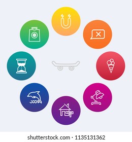 Modern, simple vector icon set on colorful circle backgrounds with closed, lamp, chat, property, food, skateboard, pole, retail, animal, interior, skater, nature, skate, bag, sport, table, style icons