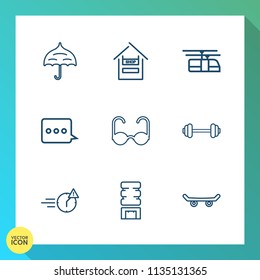 Modern, simple vector icon set on gradient background with late, open, business, weather, rail, board, skate, fitness, rain, gym, drink, supermarket, transportation, workout, container, parasol icons