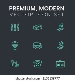 Modern, simple vector icon set on dark grey background with jump, internet, box, rent, parachute, shipping, salon, telephone, home, property, hairdresser, package, construction, parachuting, bus icons