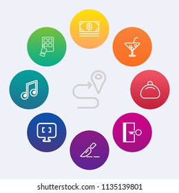 Modern, simple vector icon set on colorful circle backgrounds with location, device, object, note, money, operation, drink, cash, internet, computer, navigation, exit, surgery, route, musical icons