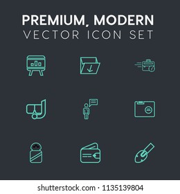 Modern, simple vector icon set on dark grey background with communication, rubbish, sitting, money, paper, finance, late, ingredient, folder, blank, sea, water, snorkel, construction, recycling icons