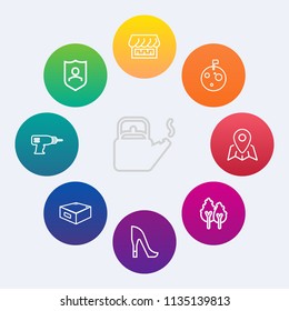 Modern, simple vector icon set on colorful circle backgrounds with shoe, location, pot, nature, environment, landscape, planet, white, high, astronaut, fashion, moon, space, travel, pin, tree icons