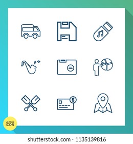Modern, simple vector icon set on gradient background with office, boat, musical, jazz, blank, sound, file, oar, transportation, balance, paddle, card, direction, trumpet, move, travel, bus, pin icons