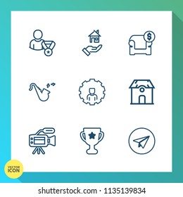 Modern, simple vector icon set on gradient background with web, application, price, online, camera, video, architecture, business, sale, house, jazz, mortgage, website, lens, bugle, interior icons