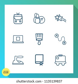 Modern, simple vector icon set on gradient background with baggage, map, point, bowling, abstract, library, fun, position, white, falling, housework, paint, brush, internet, domestic, web, shiny icons