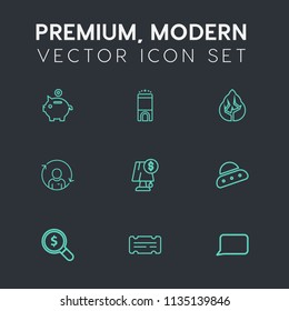 Modern, simple vector icon set on dark grey background with refresh, concept, bank, find, web, finance, ticket, electricity, technology, coin, landscape, room, spaceship, lamp, bed, nature, pig icons