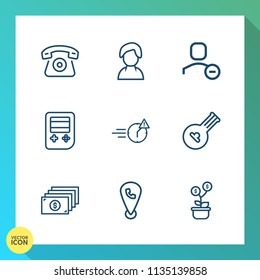 Modern, simple vector icon set on gradient background with office, user, money, pictogram, delete, human, location, tree, female, instrument, finance, social, communication, home, music, man icons