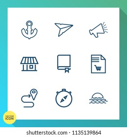 Modern, simple vector icon set on gradient background with sound, market, water, ship, speaker, navigation, study, location, house, compass, north, route, road, sunrise, direction, map, nature icons