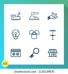 Modern, simple vector icon set on gradient background with energy, currency, locomotive, electricity, tape, business, railway, railroad, household, ironing, estate, transportation, electric, key icons