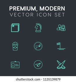 Modern, simple vector icon set on dark grey background with drink, light, spotlight, scene, identification, blue, addiction, internet, chess, message, web, backdrop, no, business, identity, team icons