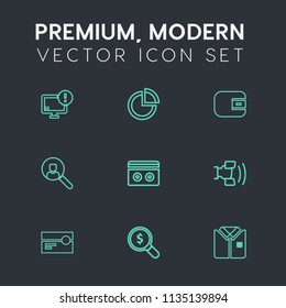 Modern, simple vector icon set on dark grey background with sign, concept, screen, cash, sound, monitor, shirt, cell, home, graphic, display, pie, wallet, find, chart, web, technology, payment icons