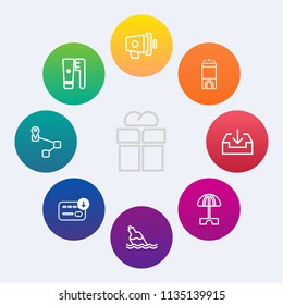Modern, simple vector icon set on colorful circle backgrounds with box, loudspeaker, luxury, hygiene, download, umbrella, sign, holiday, web, giftbox, money, location, announcement, travel, sun icons