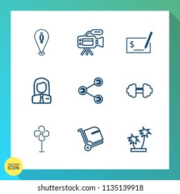 Modern, simple vector icon set on gradient background with professional, microphone, employee, television, tropical, tripod, media, sign, airport, lens, pay, bag, luggage, camera, employer, map icons