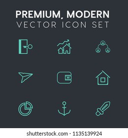 Modern, simple vector icon set on dark grey background with company, escape, blade, organization, business, estate, ship, finance, helm, building, email, fire, increase, sword, house, mortgage icons