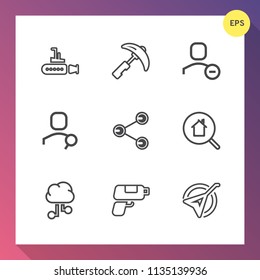 Modern, simple vector icon set on gradient background with equipment, user, account, pictogram, undersea, sea, computer, real, marine, web, online, estate, string, search, industry, water, heavy icons