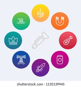 Modern, simple vector icon set on colorful circle backgrounds with beautiful, technology, science, aluminum, pool, cardboard, orchestra, unpacking, swimming, white, magnetic, pole, king, trumpet icons