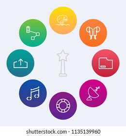 Modern, simple vector icon set on colorful circle backgrounds with sign, summer, white, music, trophy, download, document, pool, food, winner, headset, upload, map, file, sea, inflatable, dish icons