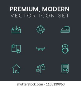 Modern, simple vector icon set on dark grey background with sign, targeting, man, estate, website, laundry, building, iron, arrow, customer, download, extreme, domestic, medical, weight, concept icons
