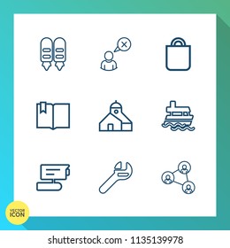 Modern, simple vector icon set on gradient background with construction, tool, sea, repair, screen, camera, female, profile, surprise, white, holiday, bag, spanner, giving, celebration, network icons