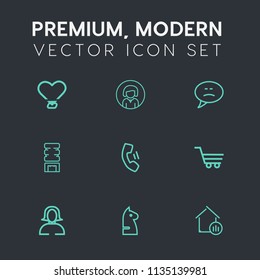 Modern, simple vector icon set on dark grey background with cell, beautiful, bubble, female, white, shape, game, business, chessboard, girl, telephone, portrait, real, pretty, estate, house icons