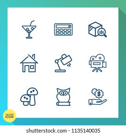 Modern, simple vector icon set on gradient background with summer, building, table, food, juice, architecture, calculator, video, estate, report, dollar, mushroom, sign, home, retro, tripod, owl icons