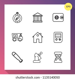 Modern, simple vector icon set on gradient background with sea, west, timer, wallet, tipper, sand, south, estate, arrow, travel, space, purse, earth, money, real, bat, europe, vehicle, north icons