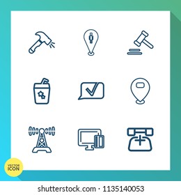 Modern, simple vector icon set on gradient background with construction, legal, shovel, summer, station, lawyer, courthouse, communication, payment, business, law, technology, radio, judge, map icons