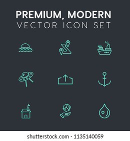 Modern, simple vector icon set on dark grey background with ufo, military, sea, rudder, package, location, upload, sunset, landscape, outdoor, rain, web, morning, gps, download, building, liquid icons