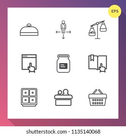Modern, simple vector icon set on gradient background with bank, sign, tin, tourist, store, website, weight, sale, vacation, place, baggage, tourism, mouse, location, web, scale, suitcase, arrow icons