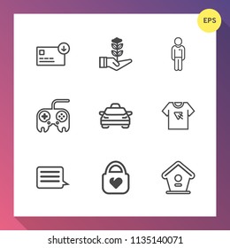 Modern, simple vector icon set on gradient background with transport, wooden, life, home, house, bird, sign, message, wealth, leather, sack, vehicle, object, gardening, style, hand, currency icons