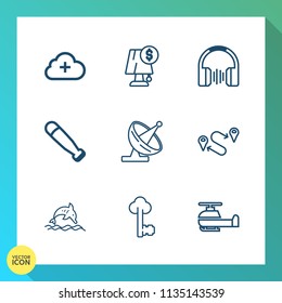 Modern, simple vector icon set on gradient background with cloud, position, electricity, antenna, nature, modern, music, point, dolphin, interior, sound, destination, key, baseball, wildlife icons
