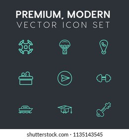 Modern, simple vector icon set on dark grey background with door, college, control, technology, phone, graduation, camera, public, communication, school, vintage, gym, water, education, sport icons