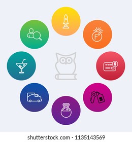 Modern, simple vector icon set on colorful circle backgrounds with van, web, scale, equipment, card, internet, key, door, online, summer, house, tool, cute, sign, craft, space, money, security icons