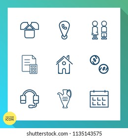 Modern, simple vector icon set on gradient background with call, timetable, money, map, standing, banking, fashion, boy, finance, building, happy, girl, clothing, schedule, vase, technology, jug icons