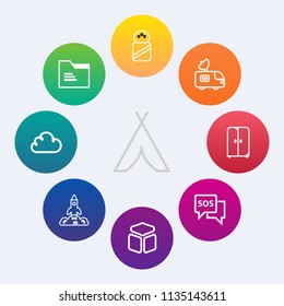 Modern, simple vector icon set on colorful circle backgrounds with camp, cloud, cube, file, interior, space, open, cabinet, cupboard, television, hiking, empty, tv, safety, paper, satellite, van icons
