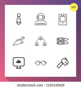 Modern, simple vector icon set on gradient background with tool, horizontal, tie, eyeglasses, cloud, axe, eye, badge, weapon, gun, business, shirt, shovel, people, astronomy, white, professional icons