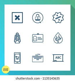 Modern, simple vector icon set on gradient background with unlock, phone, metal, discount, security, name, board, nature, work, open, forest, element, app, lamp, chalkboard, business, safety, id icons