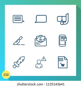 Modern, simple vector icon set on gradient background with network, underwater, talk, bubble, clinic, sword, knight, medical, list, notebook, doctor, sea, beach, speech, snorkeling, mail, alarm icons