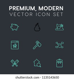 Modern, simple vector icon set on dark grey background with pig, man, finance, axe, investment, water, search, organic, pear, juicy, paddle, online, house, piggy, tool, ripe, money, people, bank icons