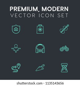 Modern, simple vector icon set on dark grey background with care, road, protect, location, bike, safety, sale, musical, equipment, paper, audio, construction, navigation, property, direction icons