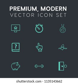 Modern, simple vector icon set on dark grey background with time, computer, book, tropical, escape, business, online, real, timer, surfing, door, gesture, estate, workout, finger, property, gym icons